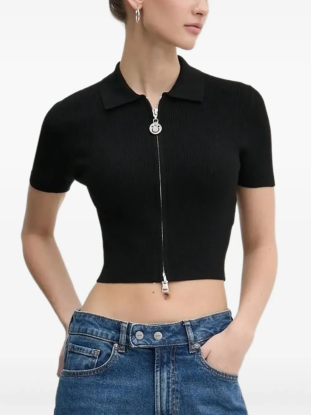 Hugo Boss Zip-front Ribbed Knit Top In Black