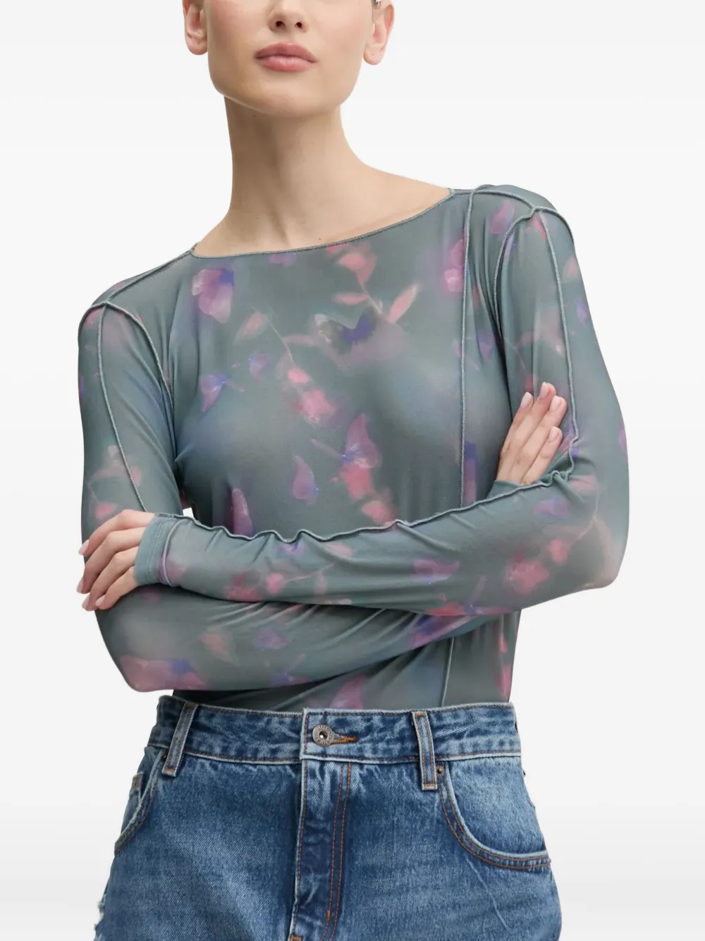 HUGO floral-print mesh t-shirt | Green | Image 1