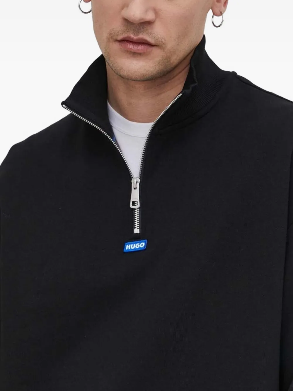 HUGO Sweater met logopatch en halve rits Zwart