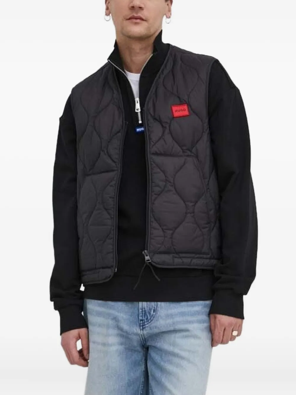 HUGO Sweater met logopatch en halve rits Zwart