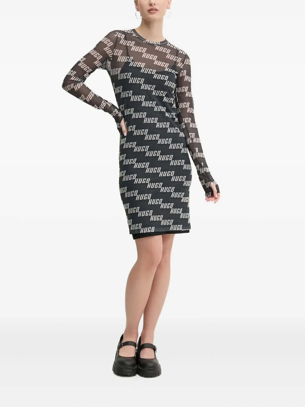 HUGO Mesh mini-jurk met logo Zwart