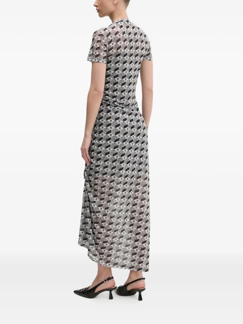 HUGO Gesmockte maxi-jurk met logoprint - Zwart