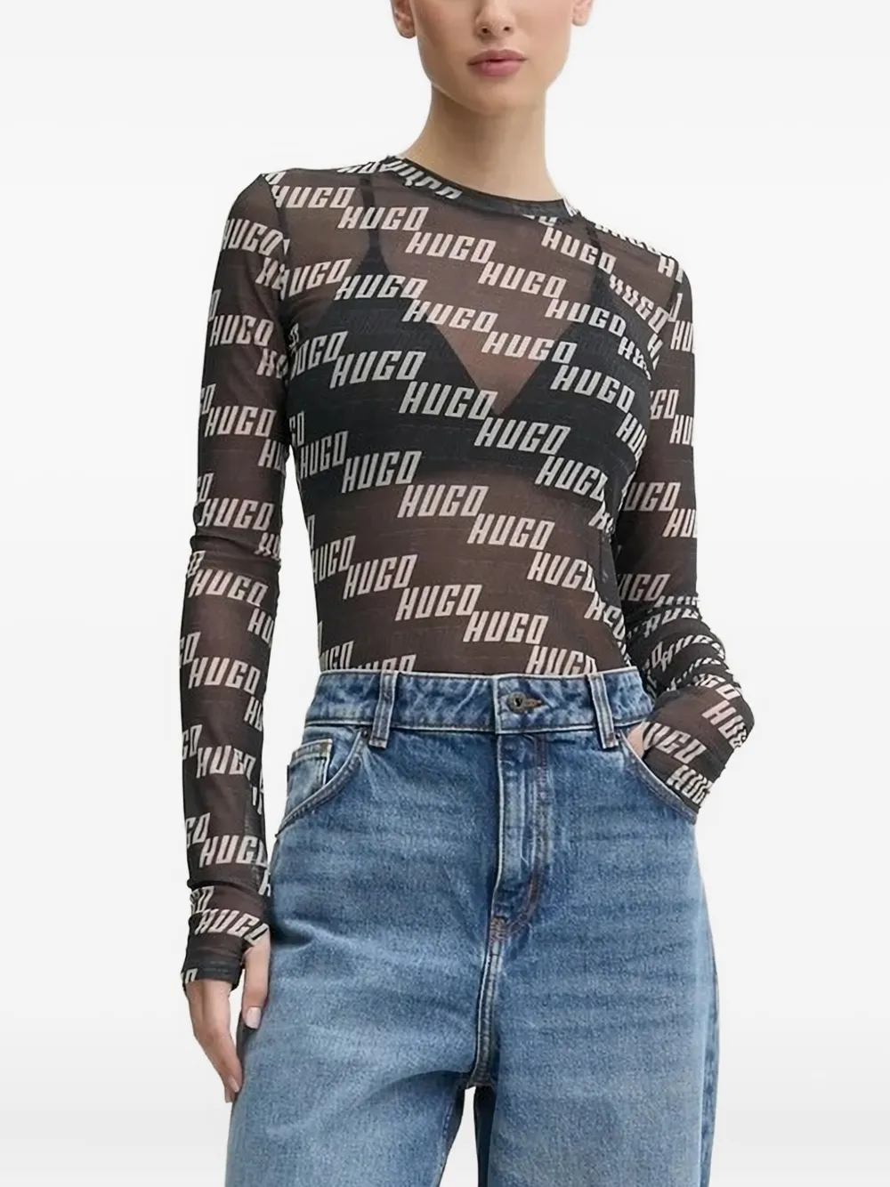 HUGO T-shirt met logoprint en mesh Zwart