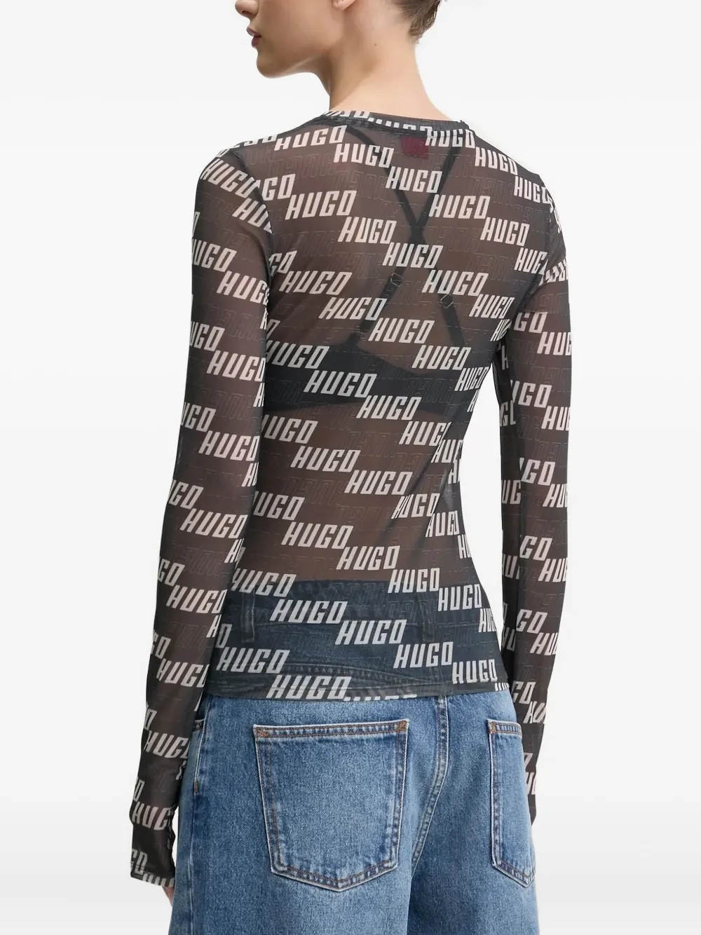 HUGO T-shirt met logoprint en mesh Zwart
