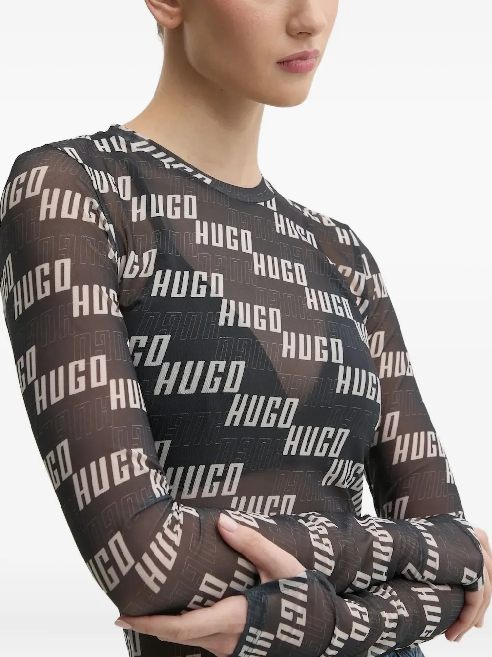 HUGO T-shirt met logoprint en mesh Zwart