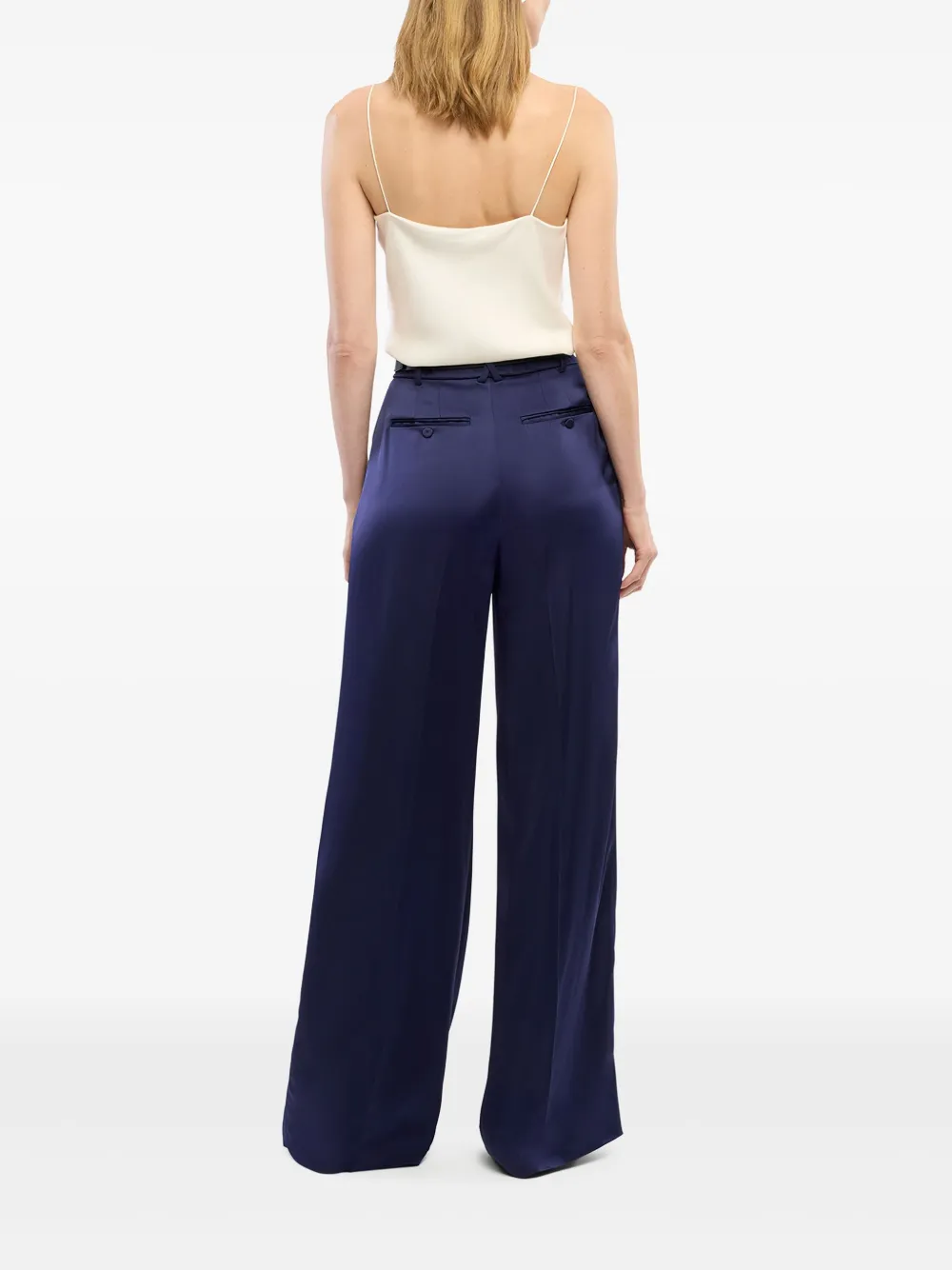 Another Tomorrow Pleated Satin Trousers in Blue, view 4