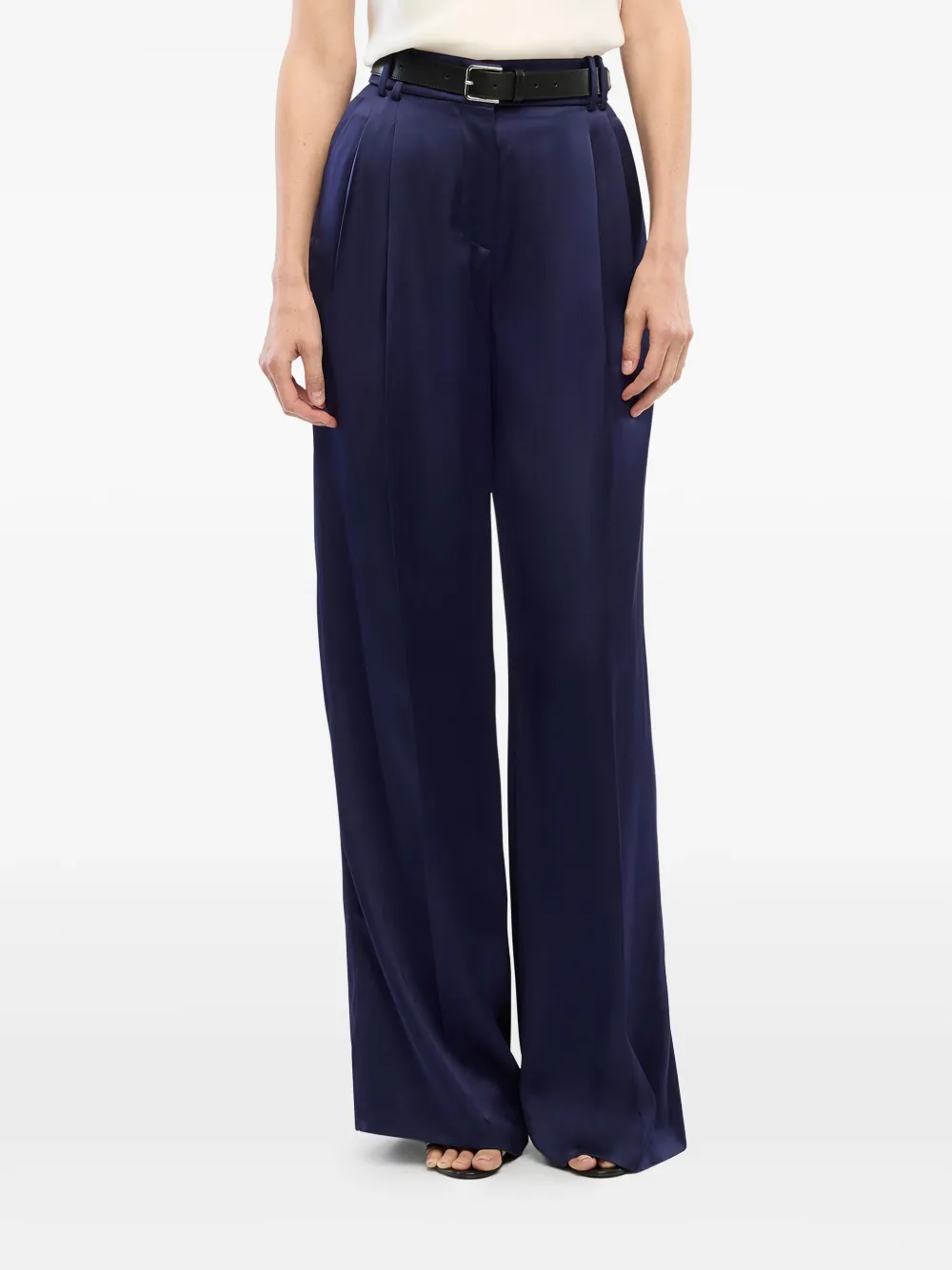 Another Tomorrow Pleated Satin Trousers in Blue, view 5