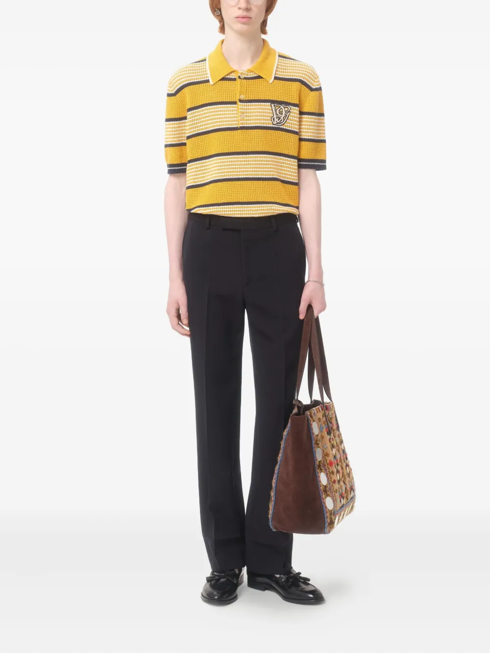 Valentino Garavani LONG-SLEEVED LINEN AND COTTON POLO SHIRT WITH VG PATCH - Geel
