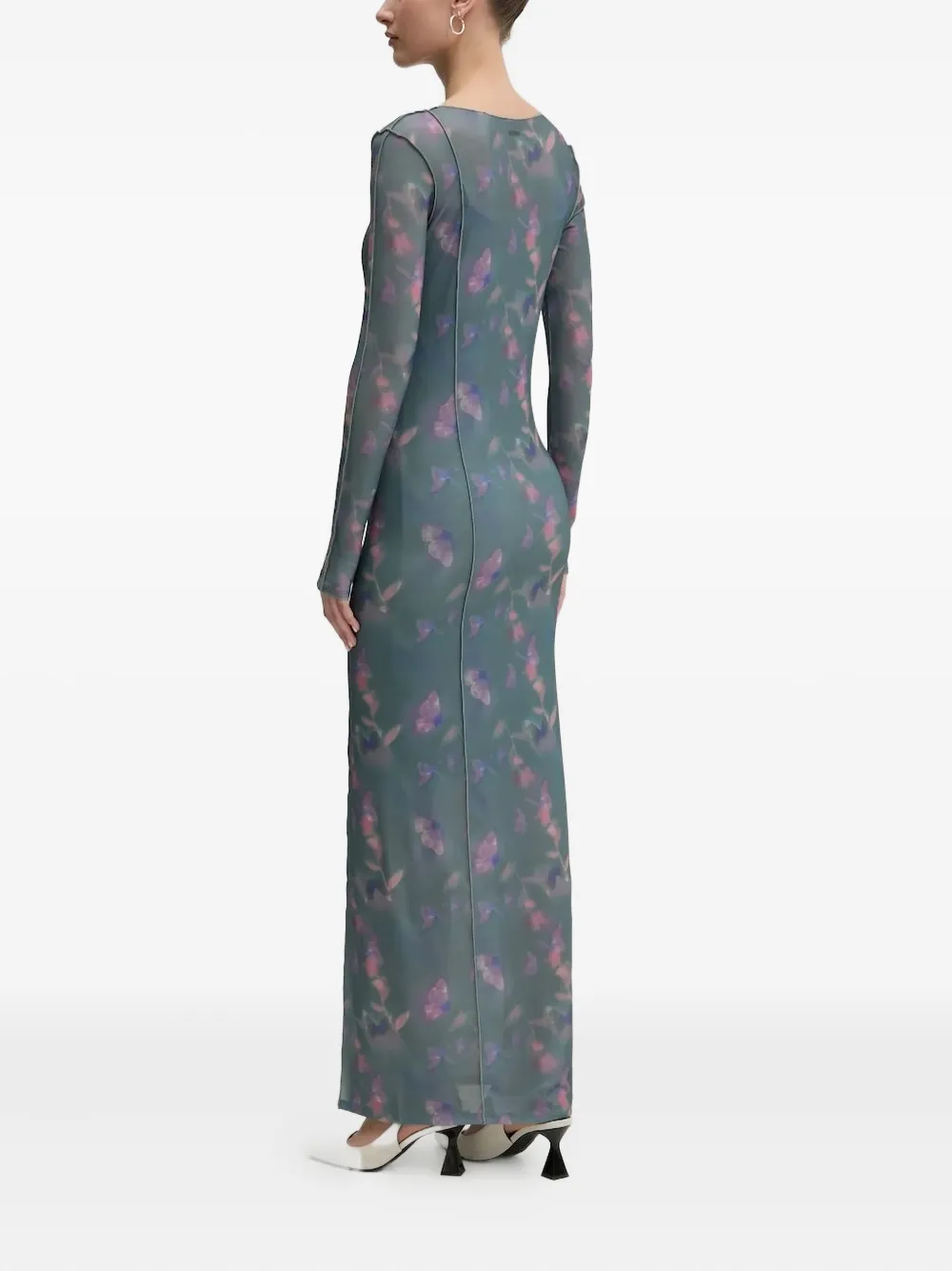 HUGO floral-print mesh maxi dress Grijs
