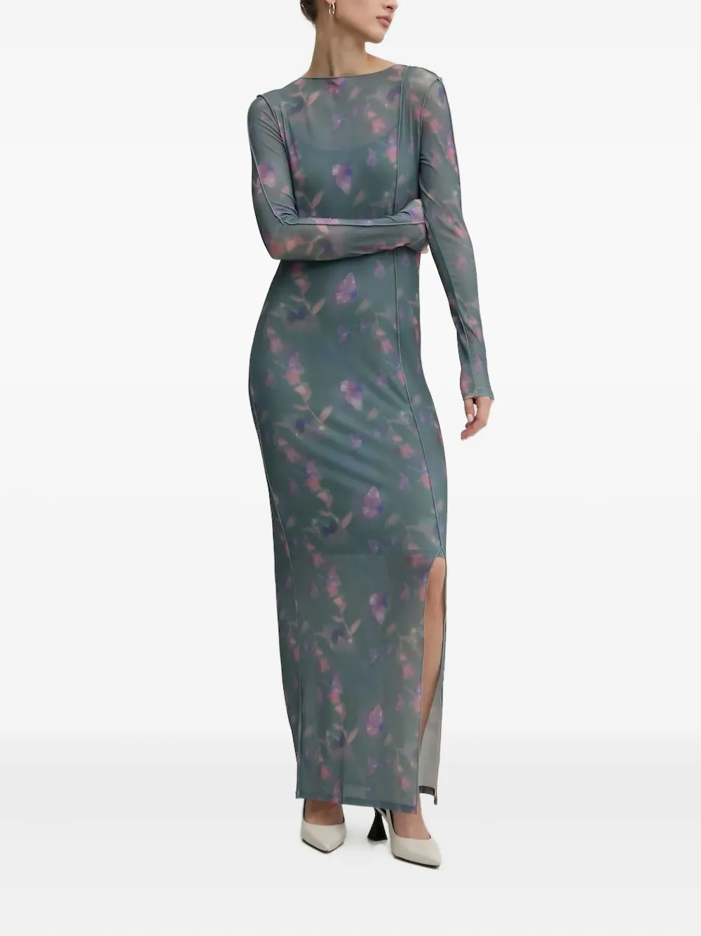 HUGO floral-print mesh maxi dress Grijs