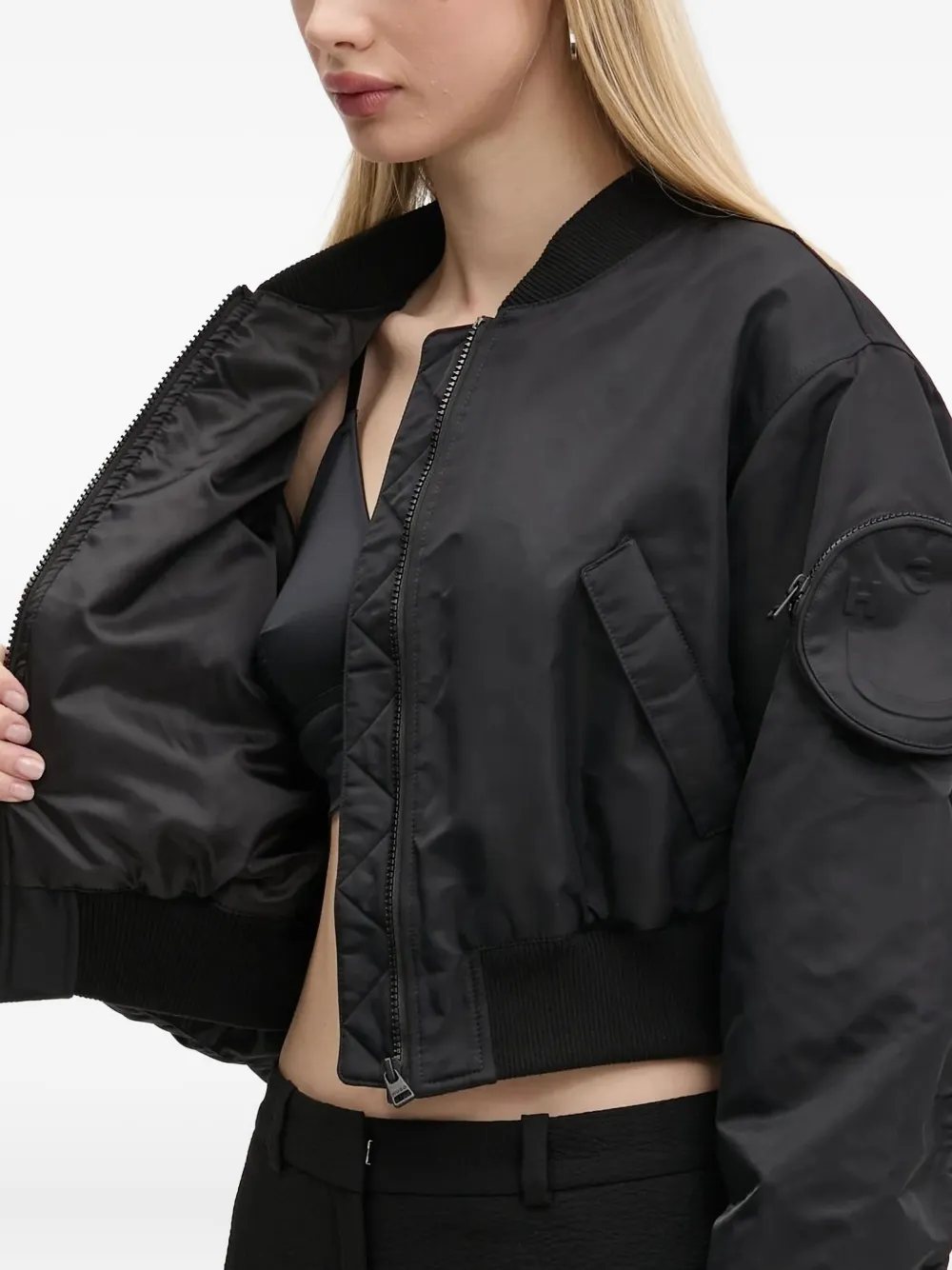 Hugo Boss Logo-embossed Cropped Bomber Jacket In Black