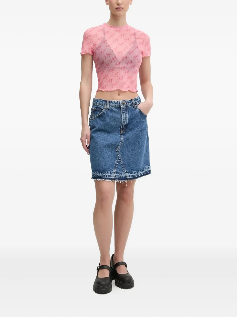 Hugo Boss Frayed-hem Denim Mini Skirt In Blue