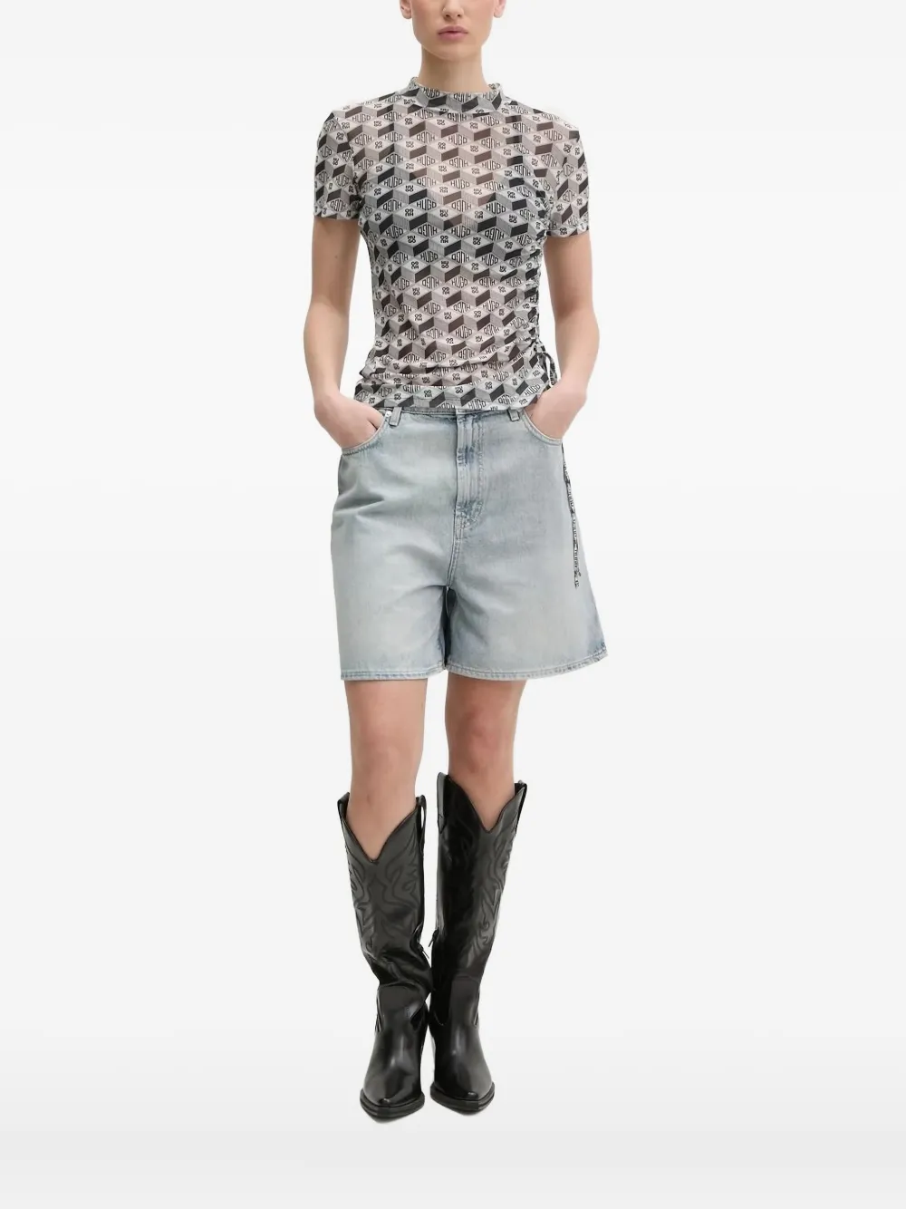 HUGO logo-print mesh T-shirt Grijs