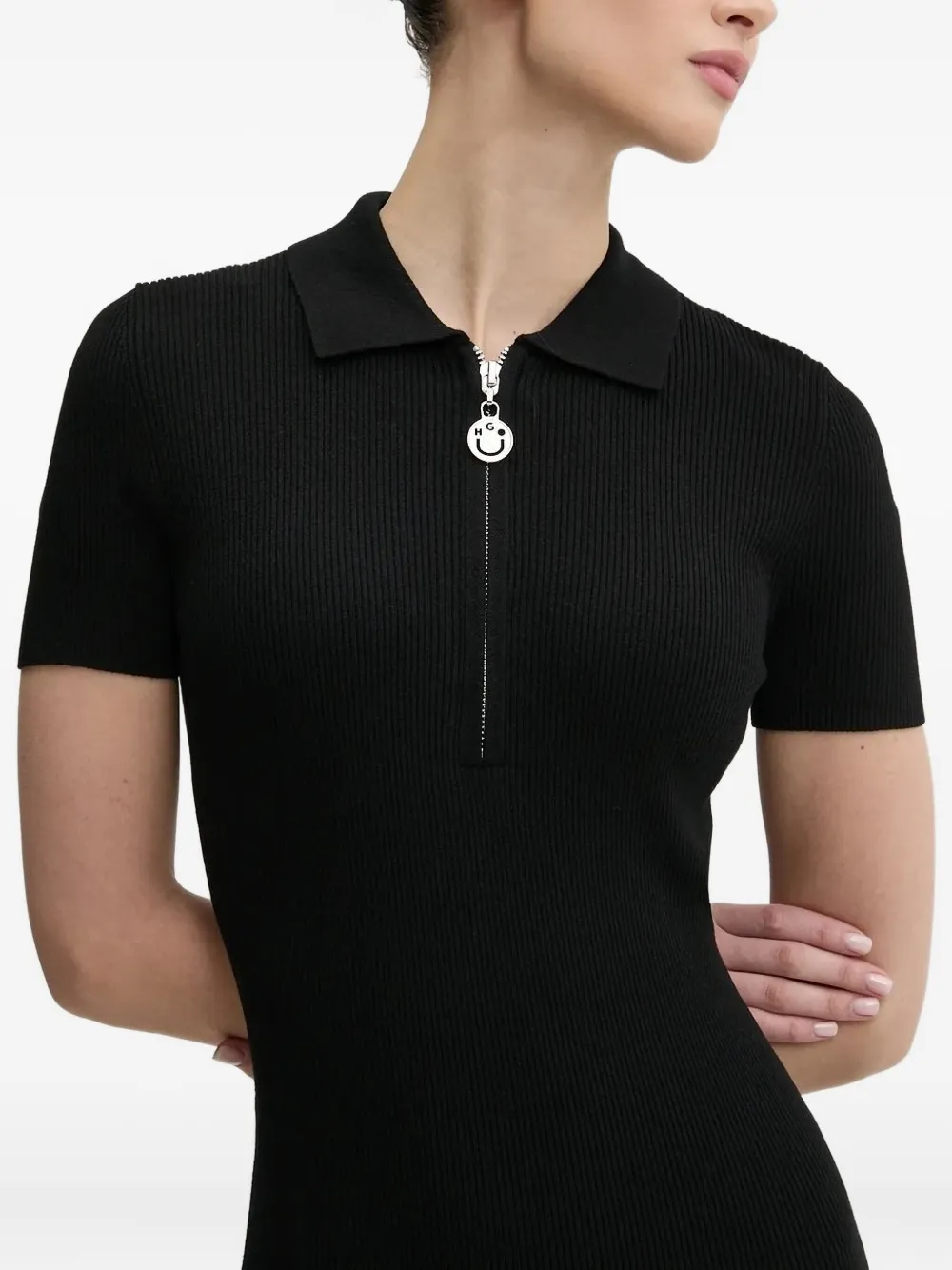 HUGO ribbed zip-front mini dress Zwart