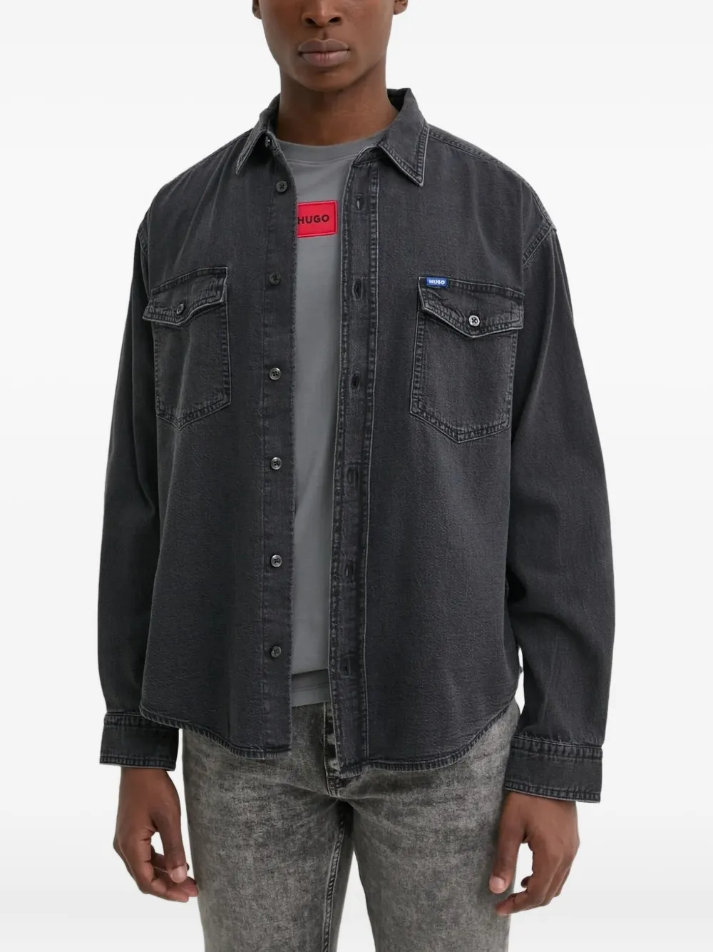 HUGO double-pocket denim shirt Zwart