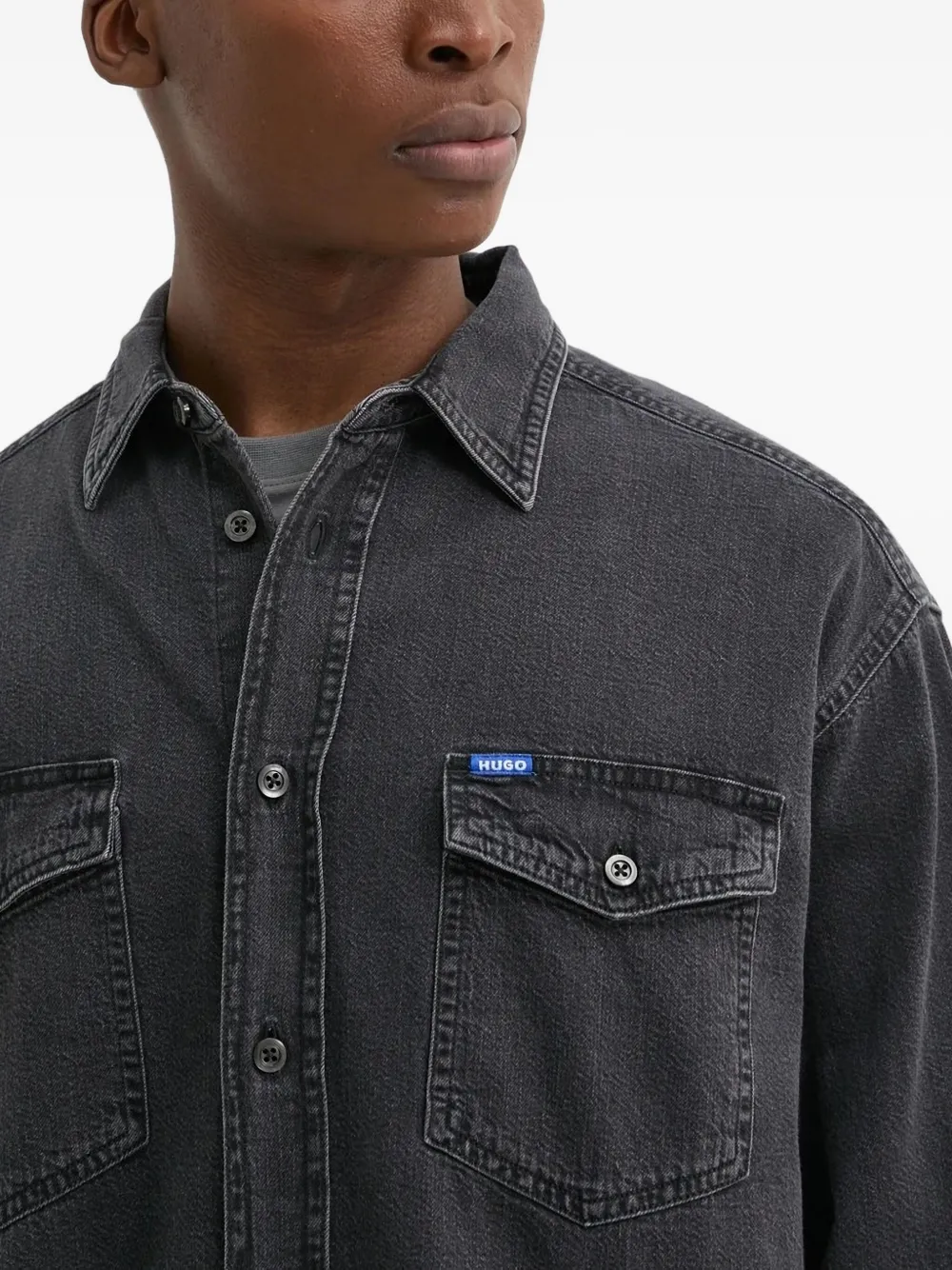 HUGO Denim overhemd met dubbele zak Zwart