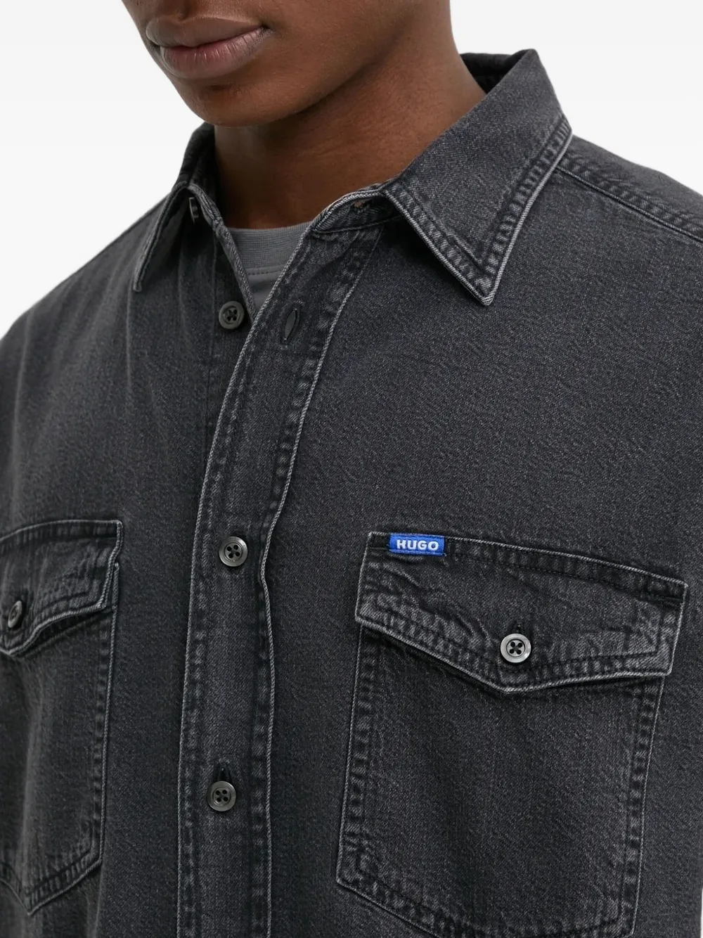 HUGO Denim overhemd met dubbele zak Zwart