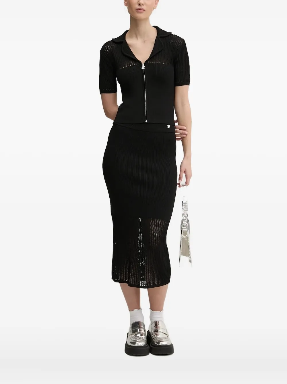 Hugo Boss Zip-front Ribbed-knit Top In Black