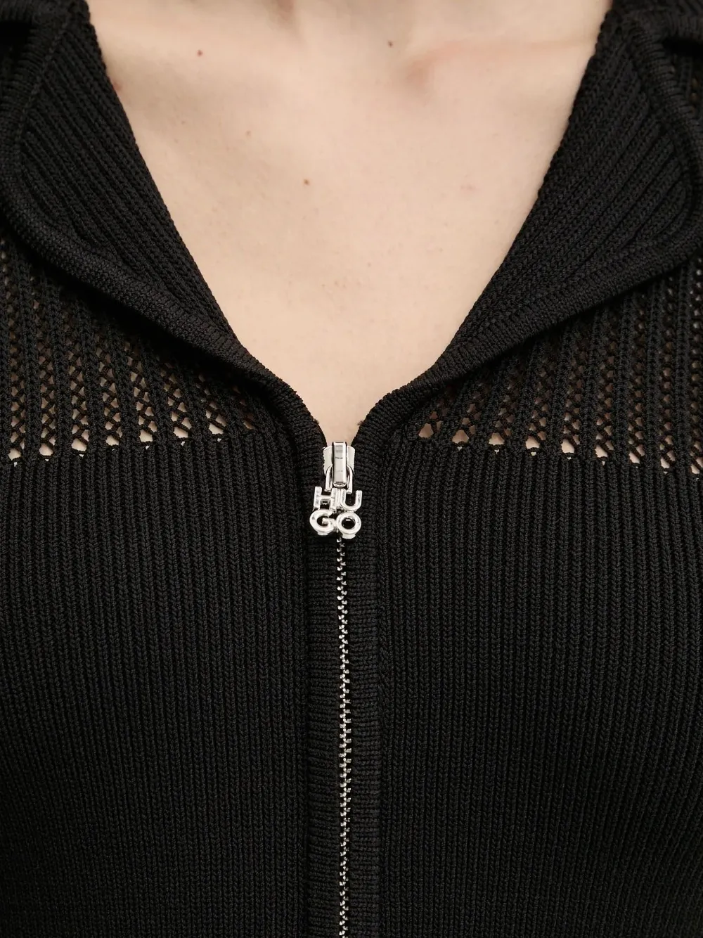 Hugo Boss Zip-front Ribbed-knit Top In Black