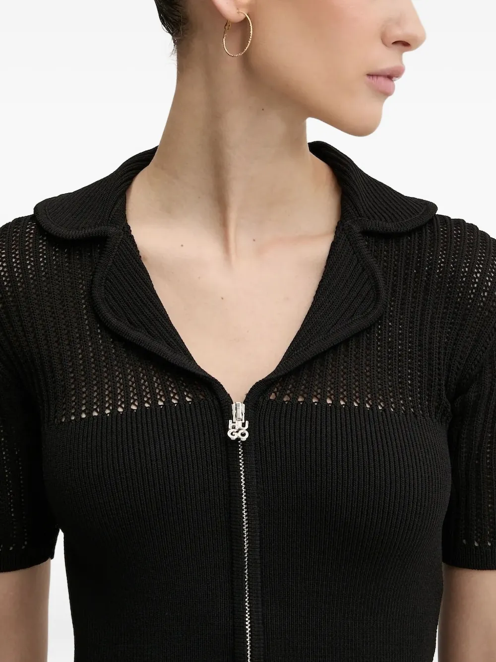 Hugo Boss Zip-front Ribbed-knit Top In Black