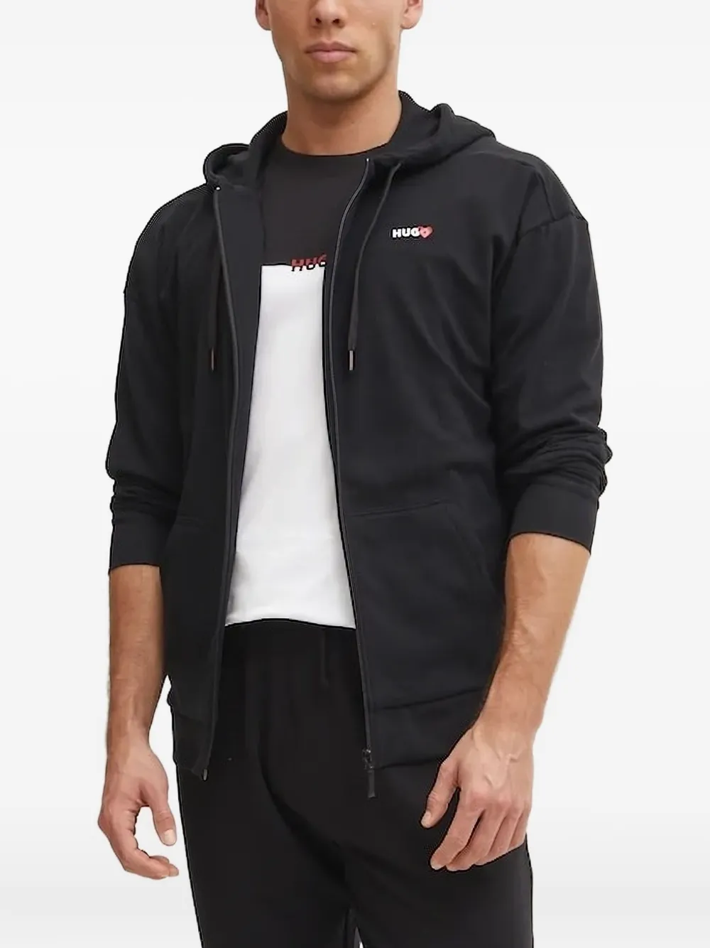 HUGO Hoodie met logoprint en rits Zwart