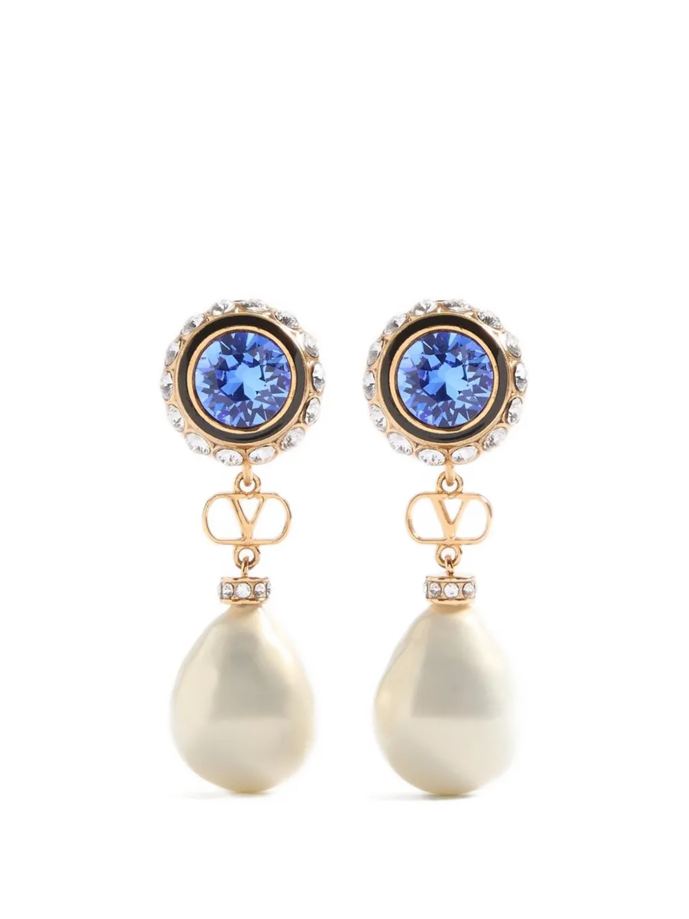 Valentino Garavani VLOGO SIGNATURE EARRINGS IN METAL, ENAMEL, PEARLS AND CRYSTALS - White