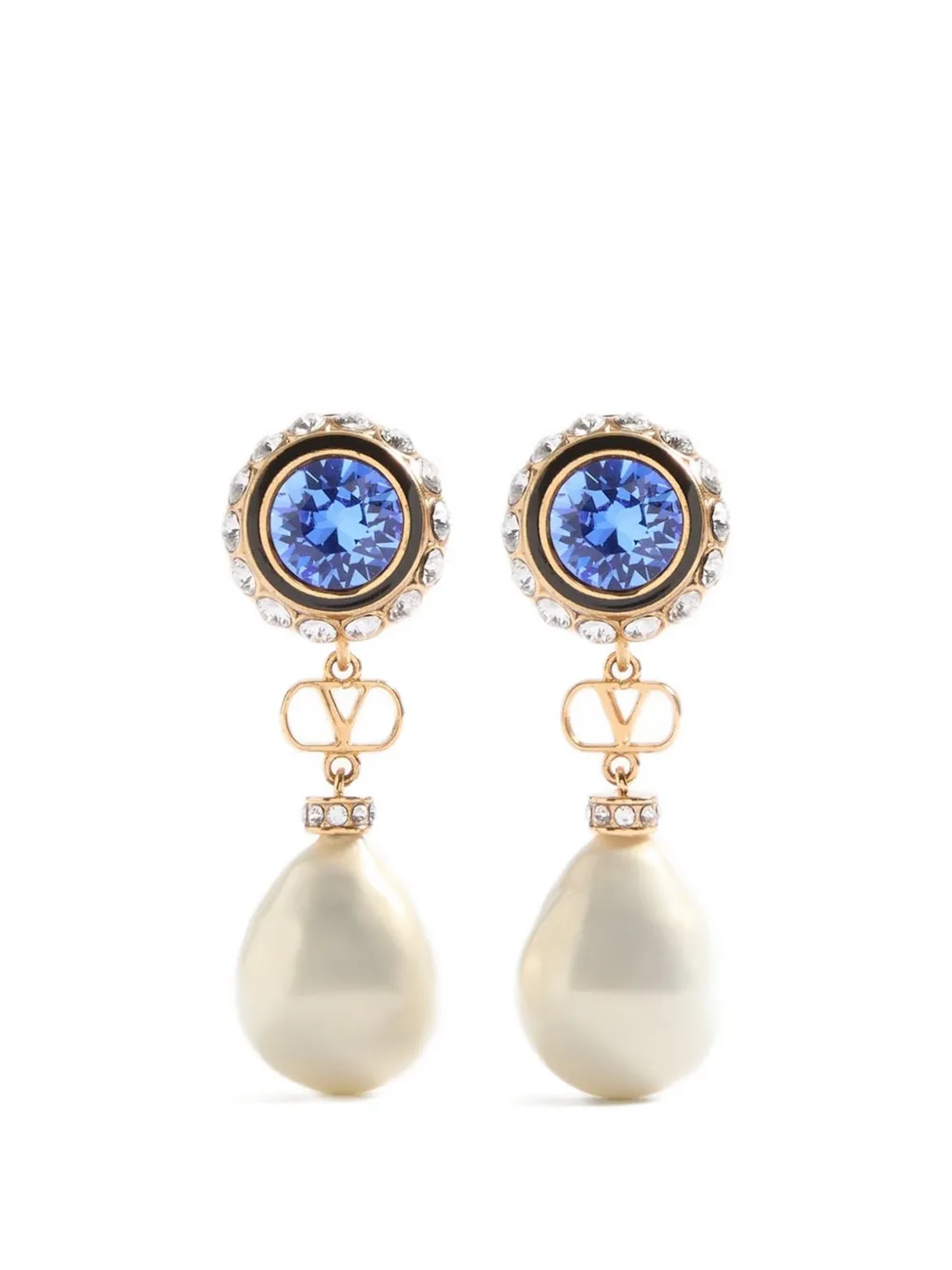 Valentino Garavani VLOGO SIGNATURE EARRINGS IN METAL, ENAMEL, PEARLS AND CRYSTALS - White