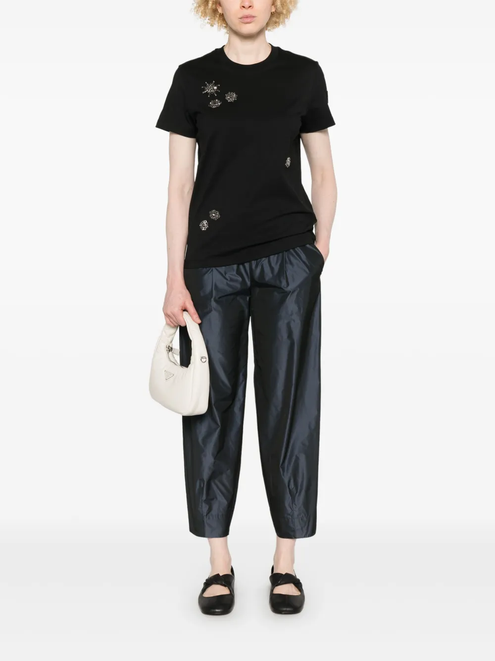 Moncler Katoenen T-shirt met kristalbloemen Zwart