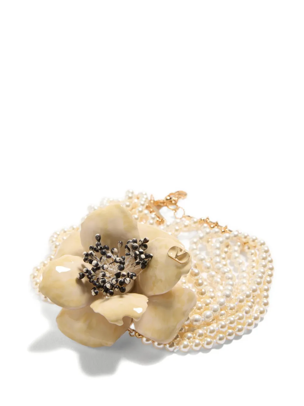 Fleur Lumineuse necklace in metal, enamel, pearls and fabric