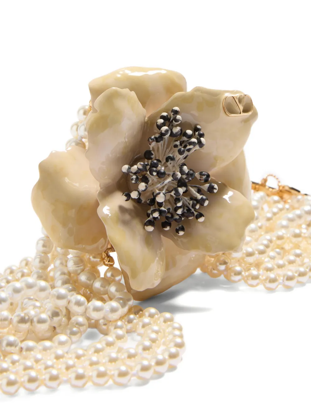 Fleur Lumineuse necklace in metal, enamel, pearls and fabric