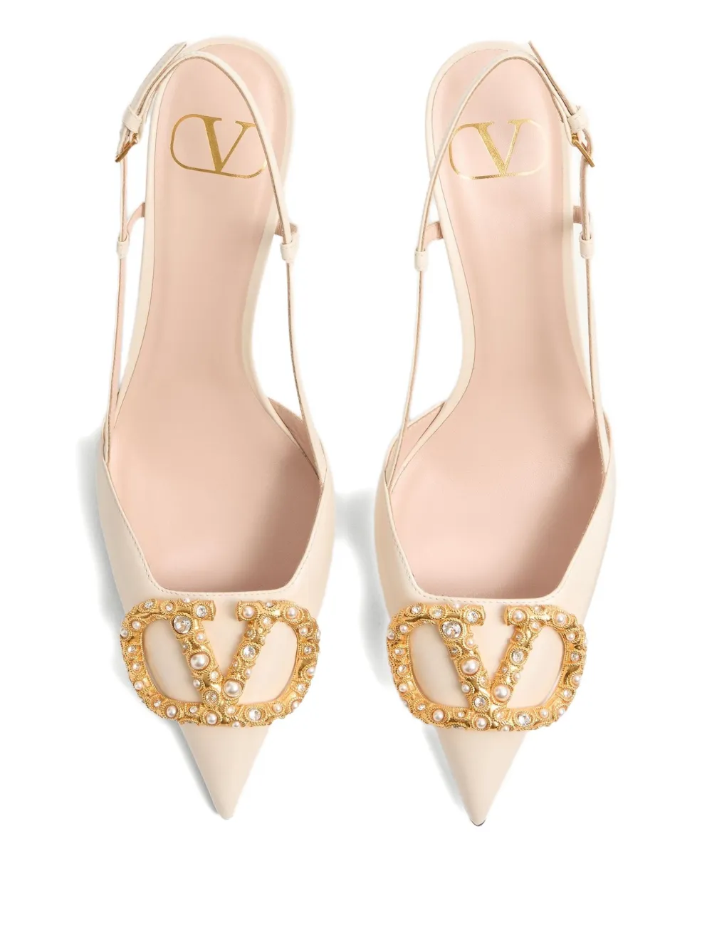 Valentino Garavani VLOGO SIGNATURE SLINGBACK CALFSKIN PUMP WITH JEWEL LOGO 80MM Neutrals