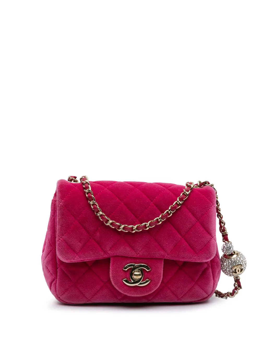 CHANEL Pre-Owned 2020 Mini Square Classic Velvet Pearl Crush Single Flap crossbody bag | Pink | Image 1