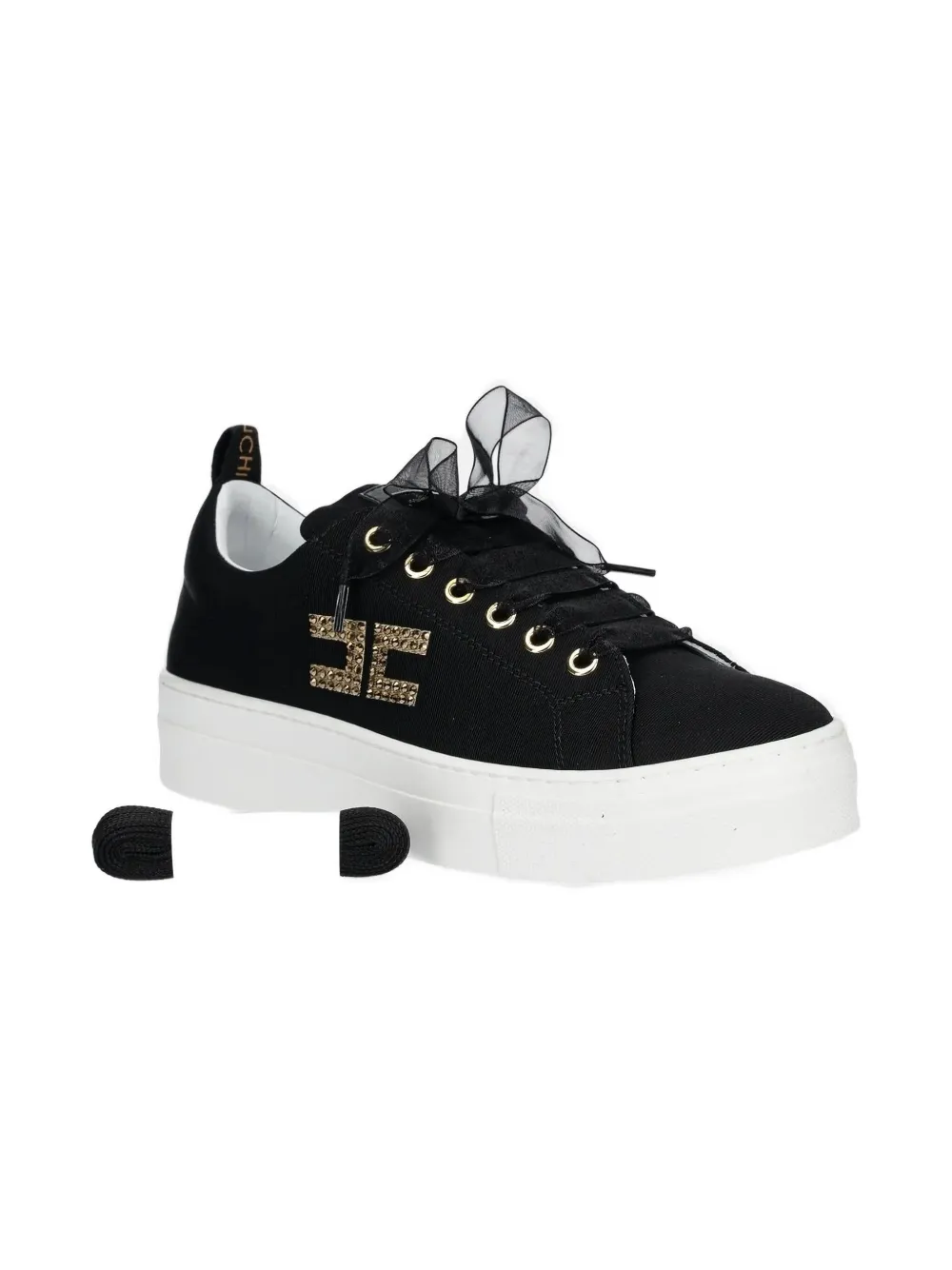 Elisabetta Franchi La Mia Bambina Crystal-embellished Ribbon Sneakers In Black