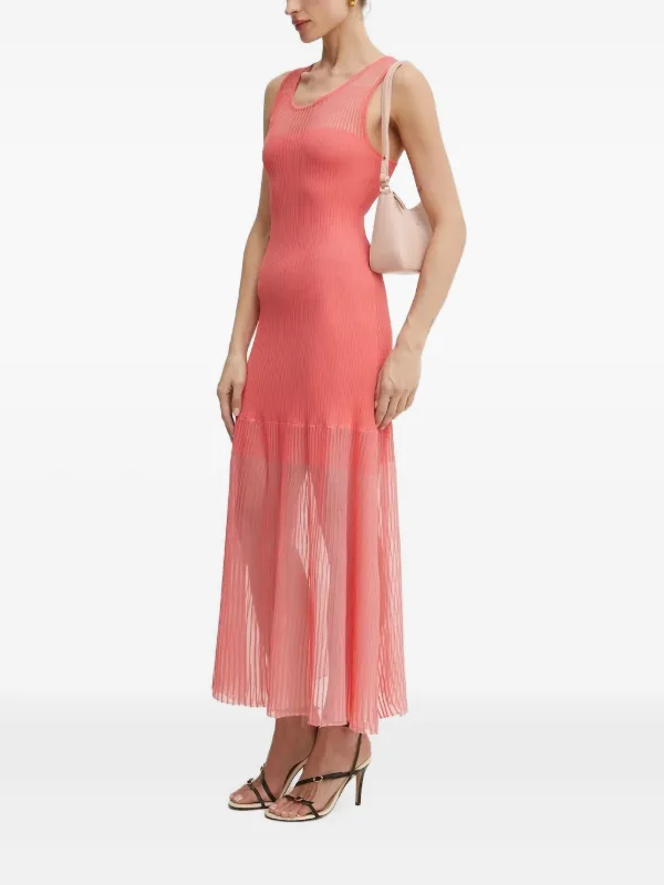 strapless open back dress Doux Pink Ruffled Trim Pleated Midi Dress
