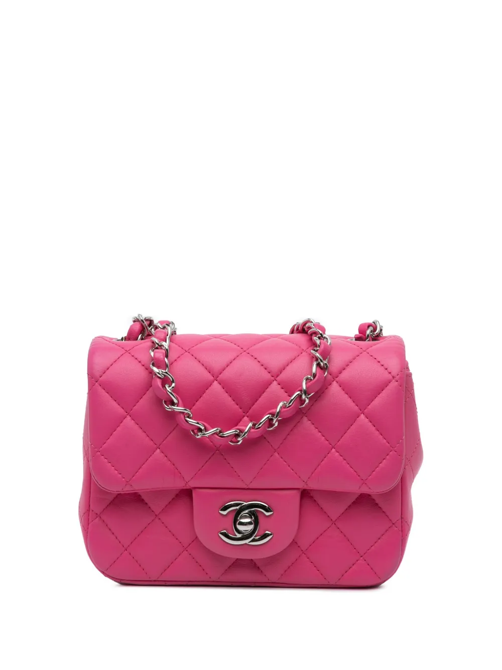 Pre-owned Chanel 2019 Mini Square Classic Lambskin Single Flap Crossbody Bag In Pink