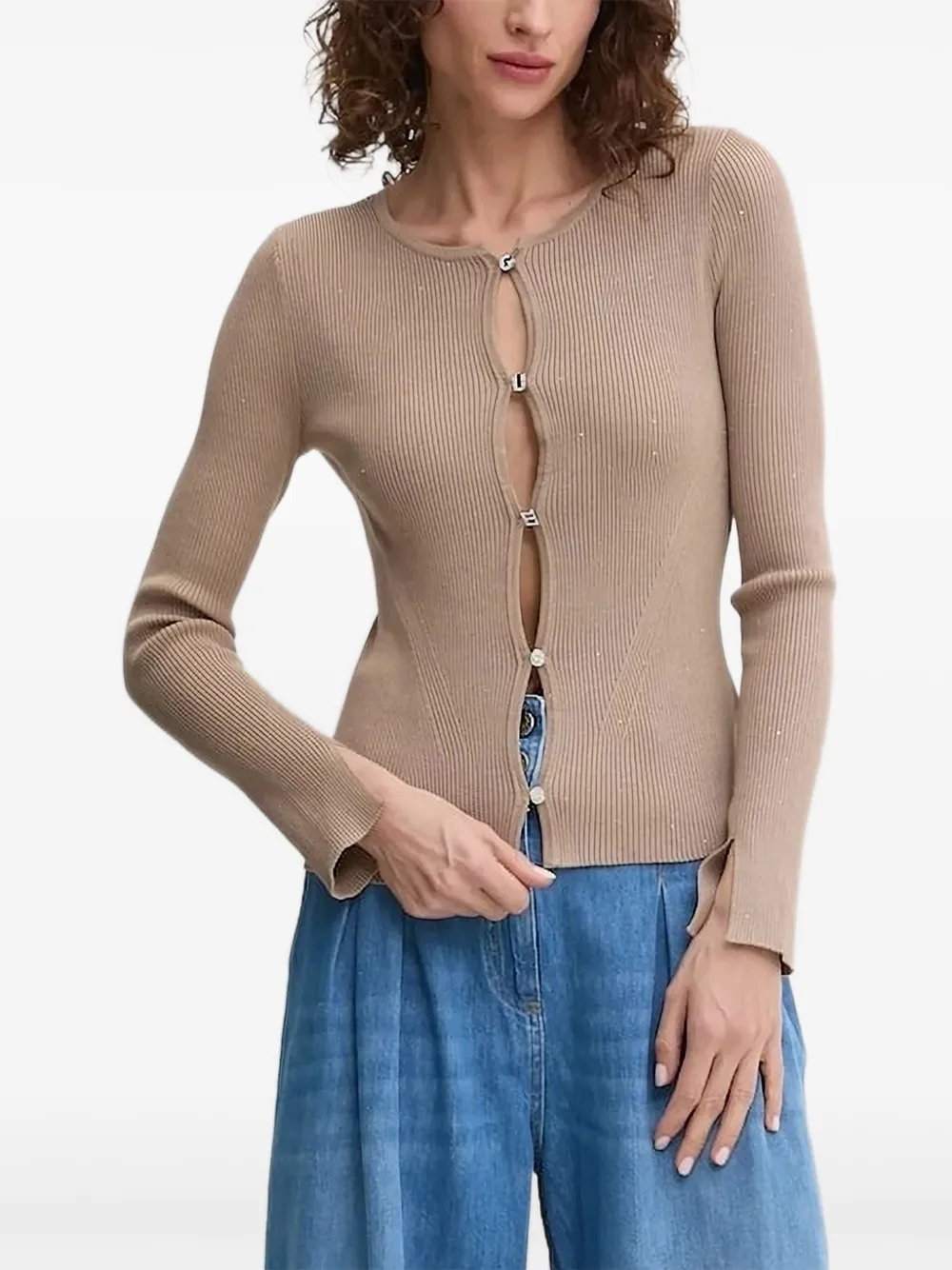 Guess Usa Sequin-embellished Ribbed Cardigan In Brown