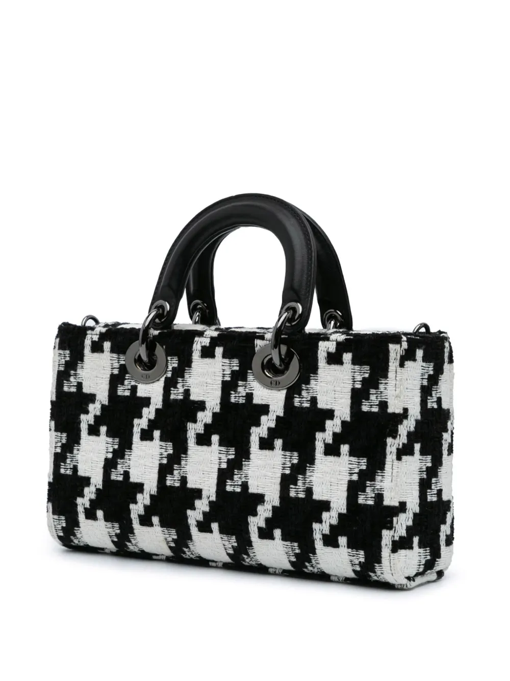 Pre-owned Dior 2022 Medium Canvas Macro Houndstooth Lady D Joy Satchel In Black