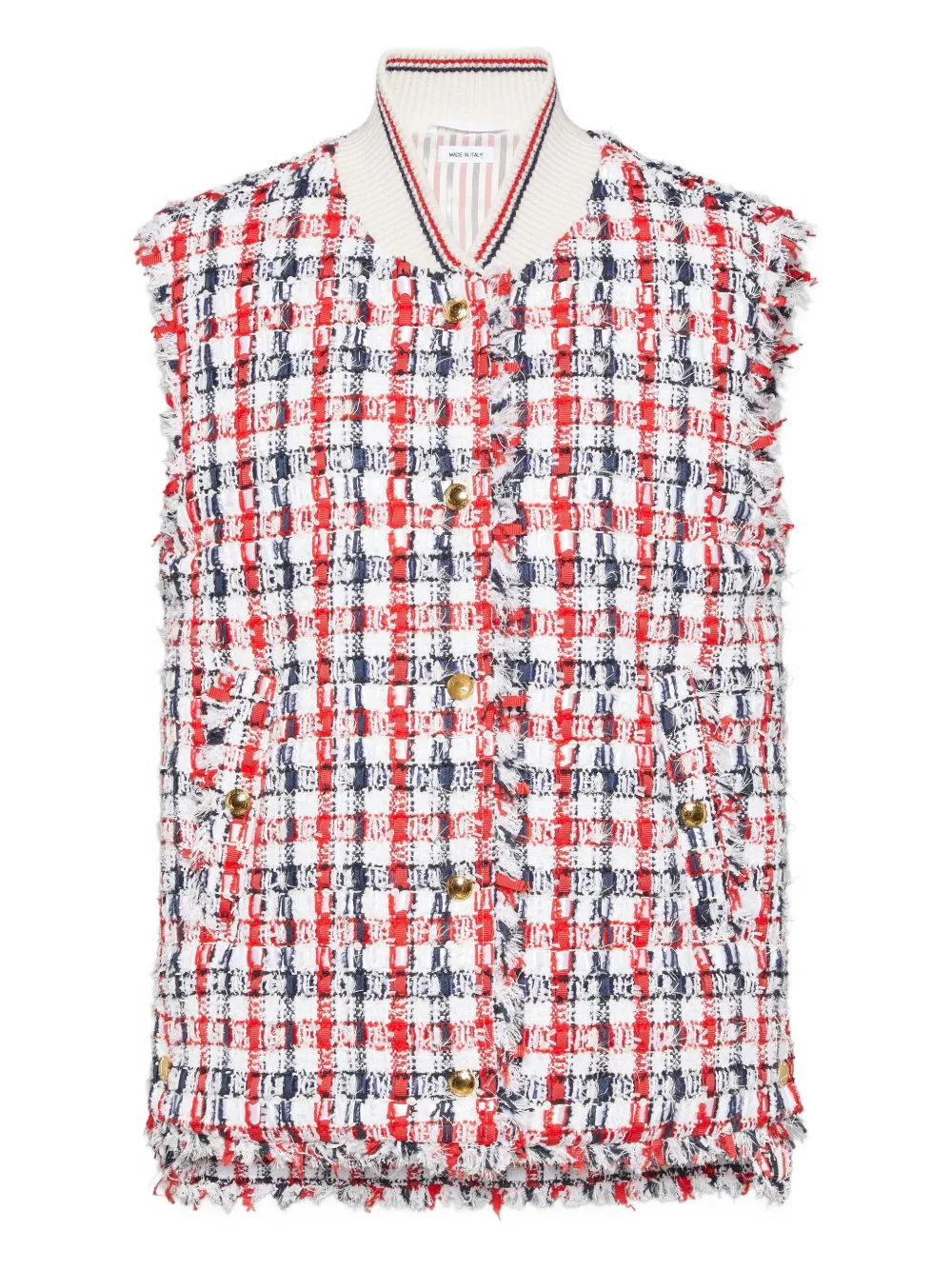 Thom Browne frayed checked tweed waistcoat | Red | Image 1