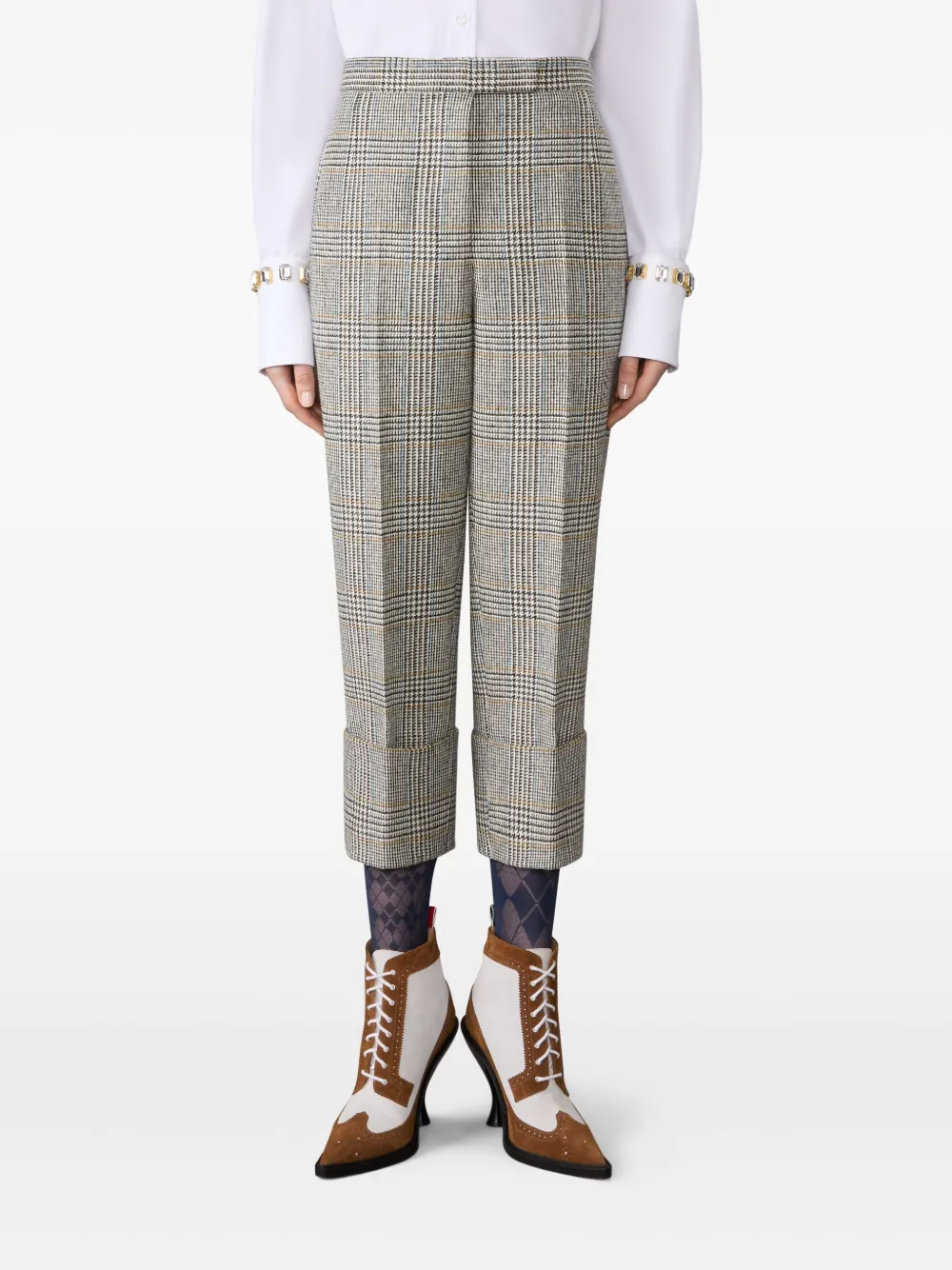 Thom Browne Pow Glen Plaid Hunting Tweed Crop Backstrap Trousers In Gray