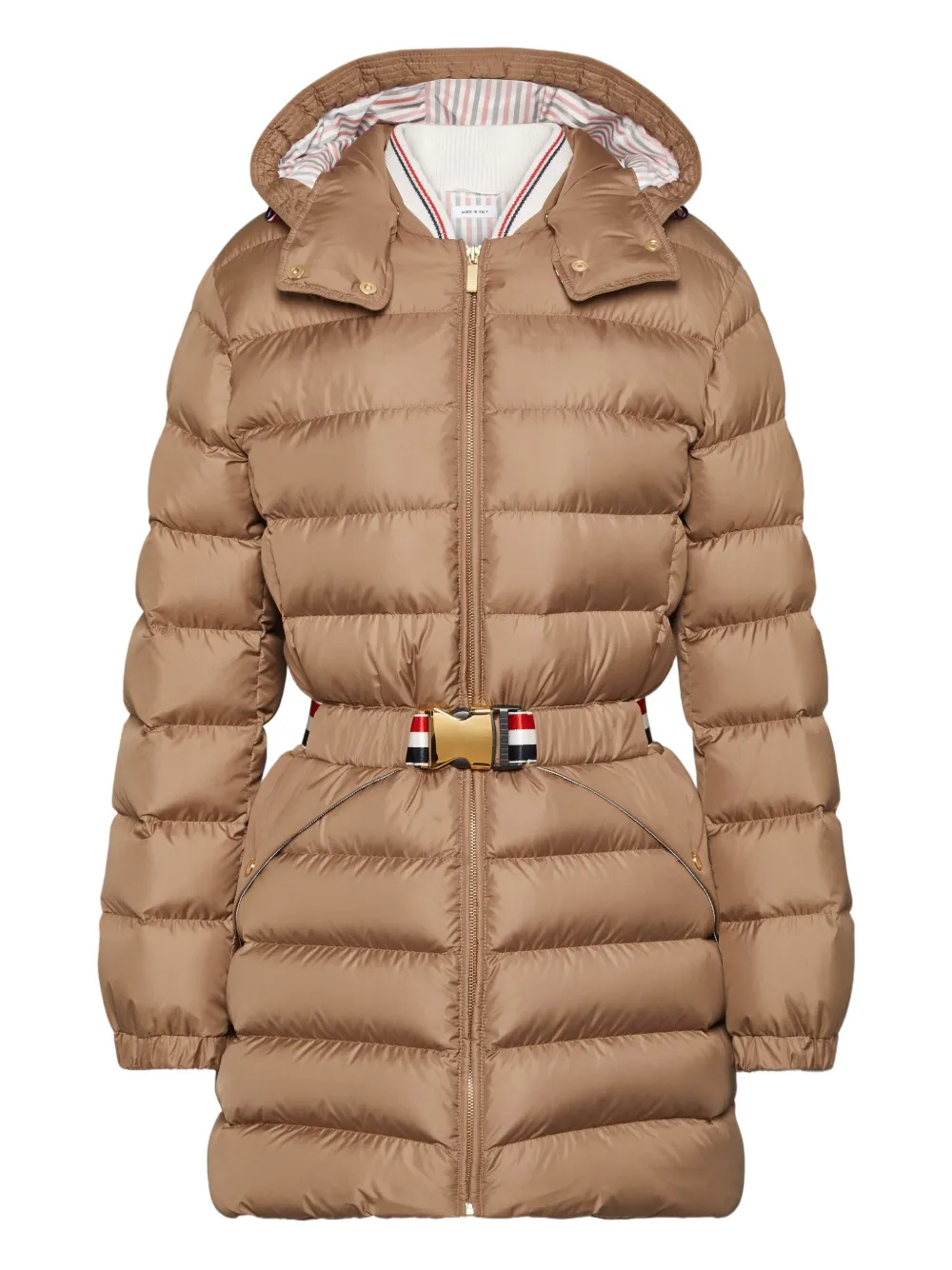 Thom Browne Belted Quilted Down Jacket In Gold