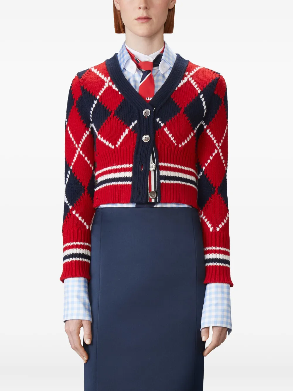 Thom Browne Argyle Intarsia Shrunken Virgin Wool Blend Cardigan In Red