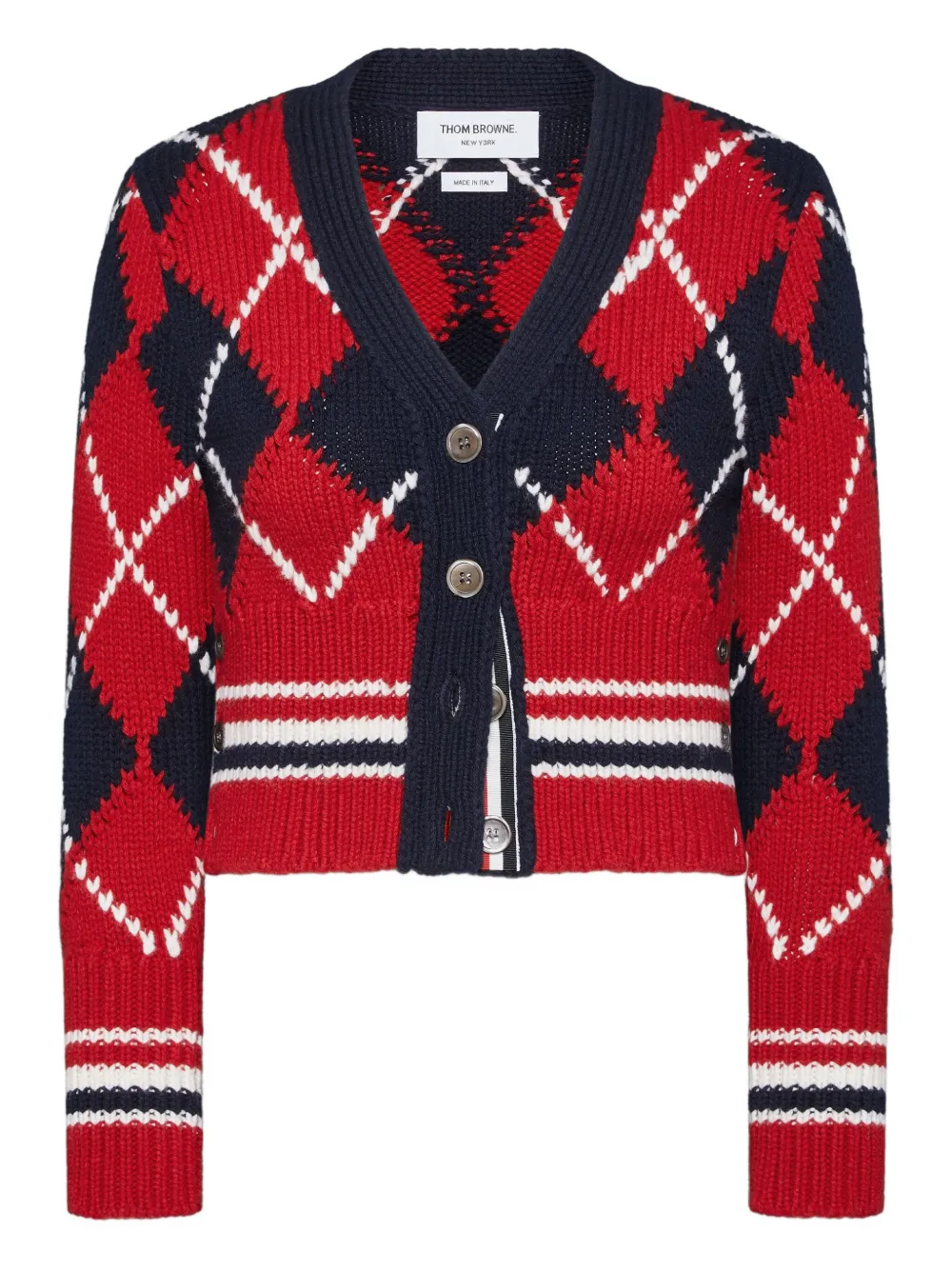 Thom Browne Argyle Intarsia Shrunken Virgin Wool Blend Cardigan In Red