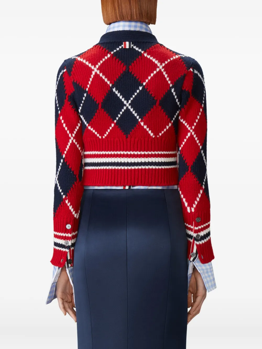 Thom Browne Argyle Intarsia Shrunken Virgin Wool Blend Cardigan In Red