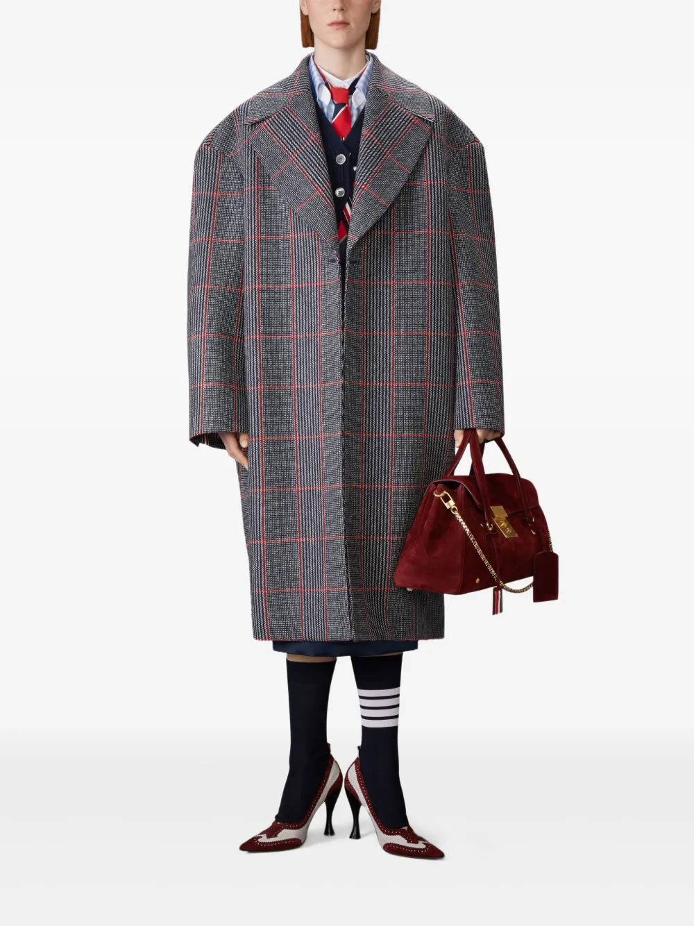 Thom Browne Argyle Intarsia Shrunken Virgin Wool Blend Cardigan In Red