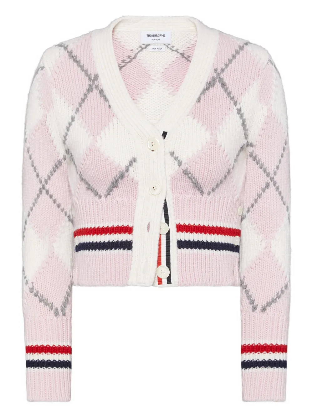 Thom Browne Argyle Intarsia Shrunken Virgin Wool Blend Cardigan In Multi
