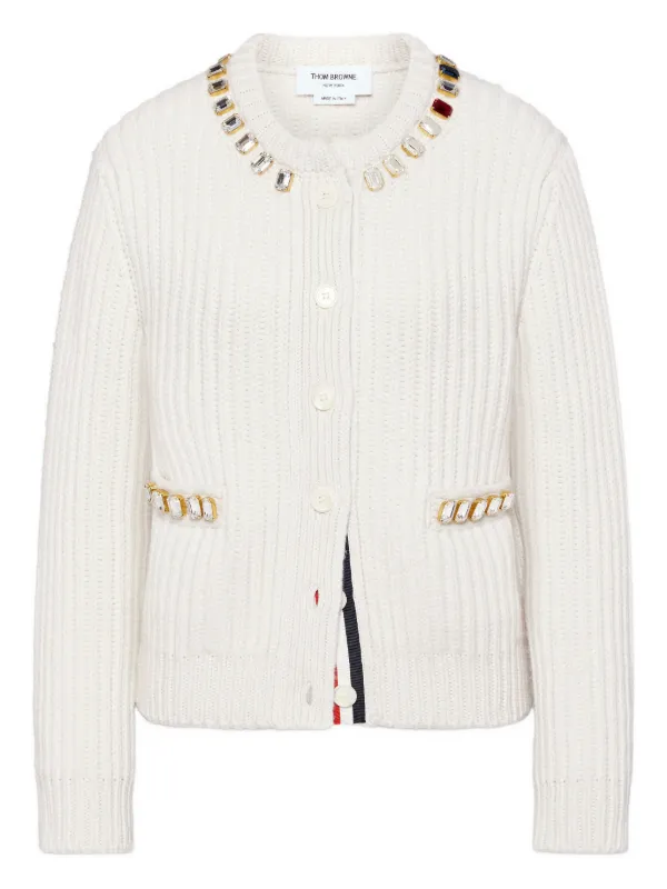 Thom Browne Swarovski Crystal Half Stitch Cashmere Cardigan in White