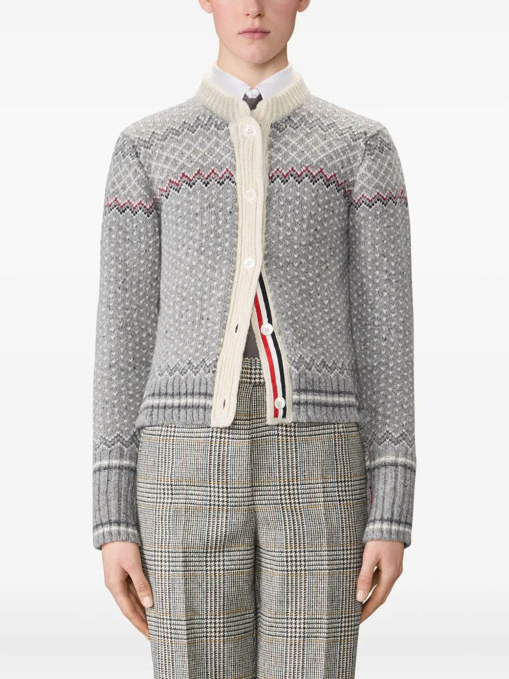 Thom Browne Cropped Crew Neck Cardigan With Fairisle Pattern In Gray