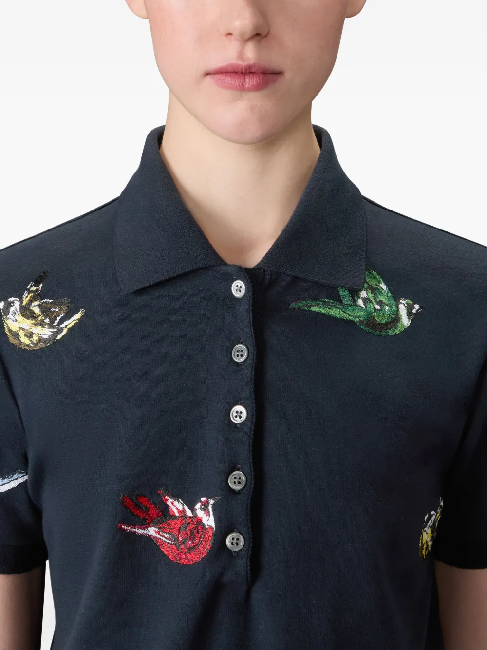 Thom Browne Bird-embroidered Rib-cuff Polo Shirt In Blue