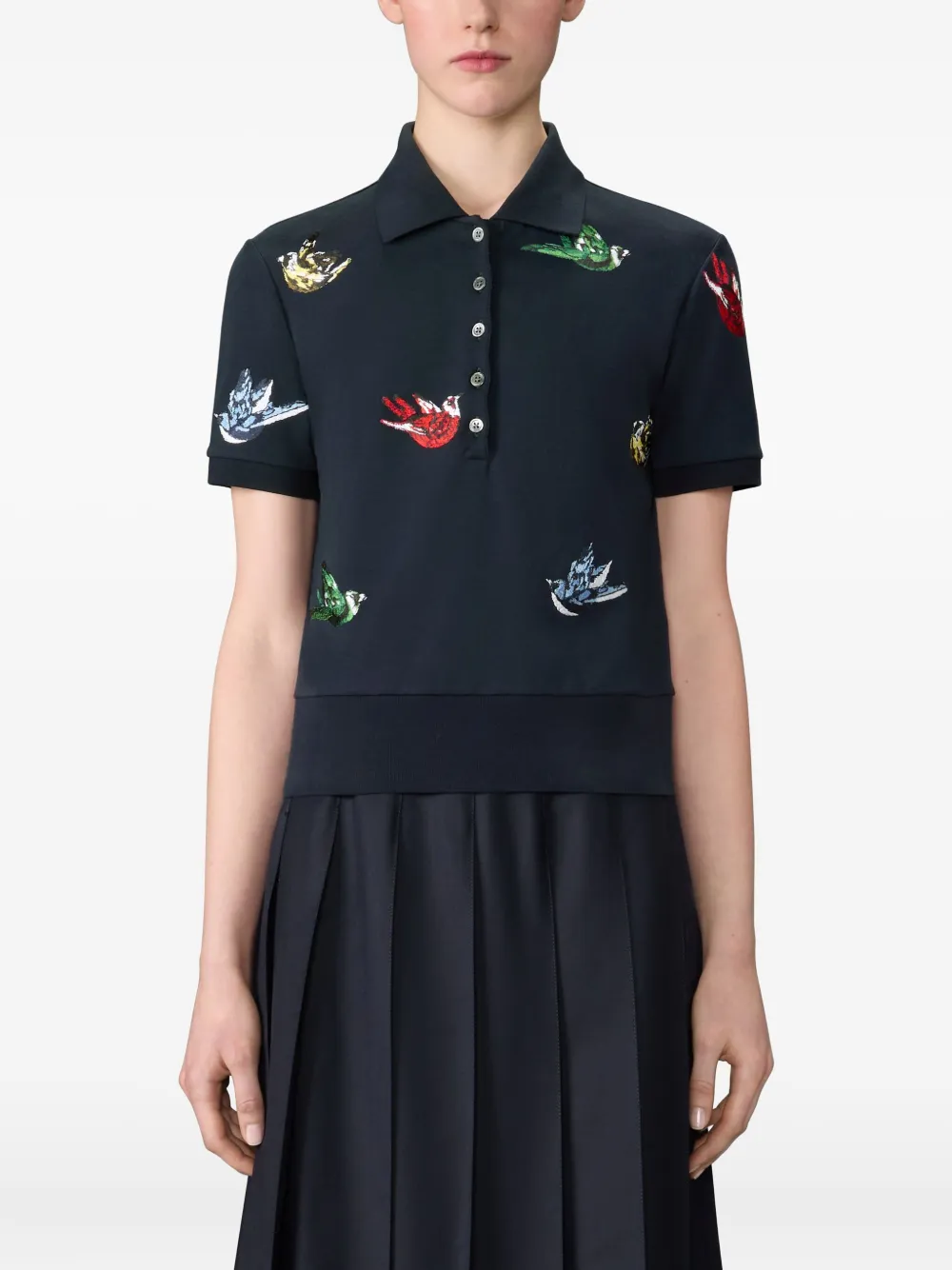 Thom Browne Bird-embroidered Rib-cuff Polo Shirt In Blue