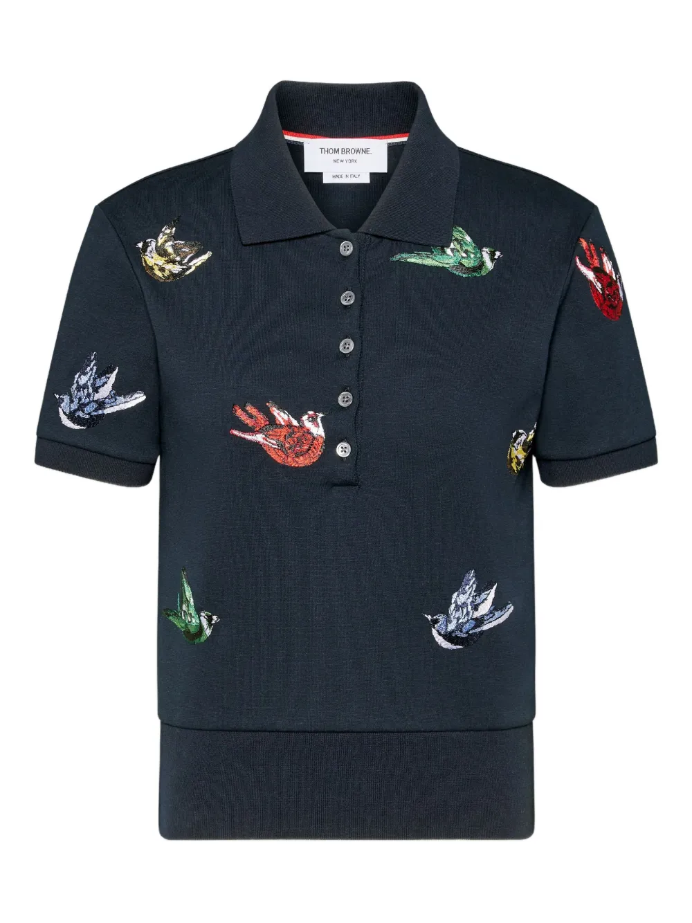 Thom Browne Bird-embroidered Rib-cuff Polo Shirt In Blue